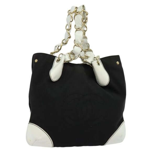 CHANEL Chain Shoulder Bag Canvas White Black CC Auth 122545 - Picture 1 of 16